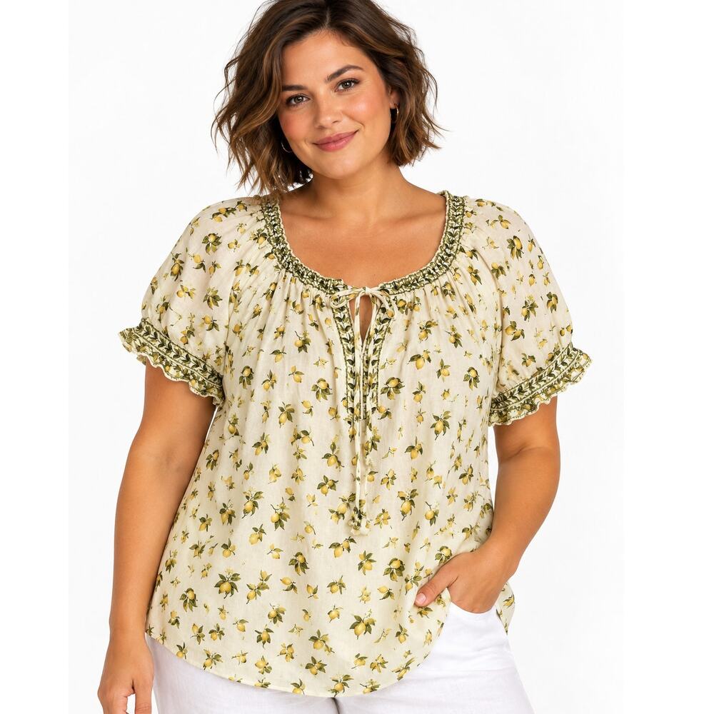 Max Studio Peasant Top Womens Size 1X Lemon Citrus Print Boho Cream Green